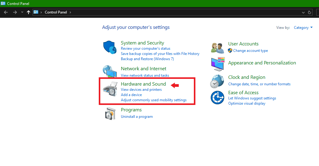 Click on Hardware and Sound