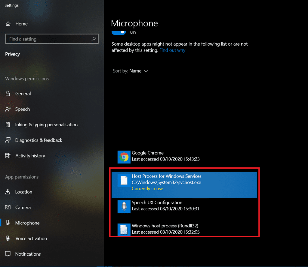 host process for windows services using microphone